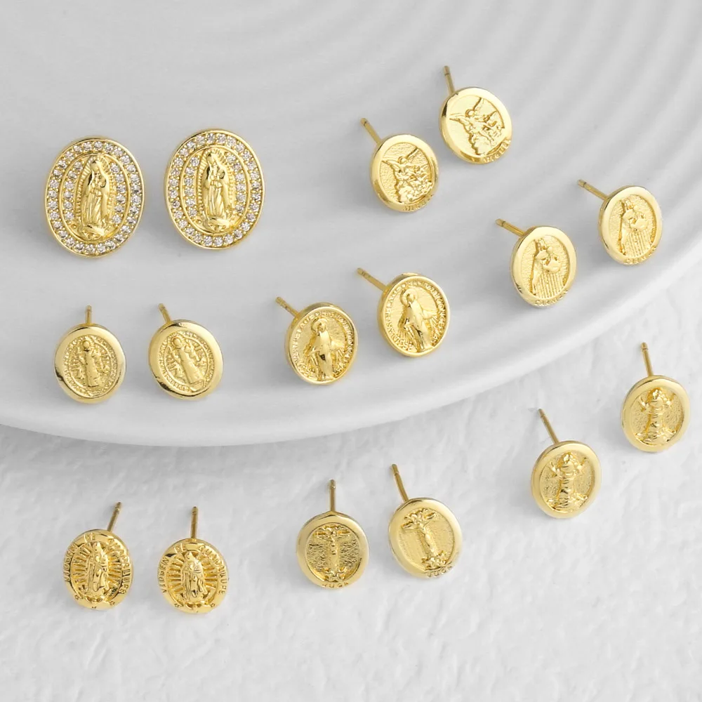 FLOLA Pendientes minimalistas redondos de cristal de la Virgen María para mujer, pendientes chapados en oro de Guadalupe, amuleto, regalos de joyería ersa278
