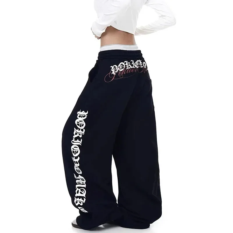 Unisex Straight‑Leg Pants 3D Gothic Side Letter Print Quick Dry Trousers Elastic Waist Drawstring Y2K Hip‑Hop Street Long Pants