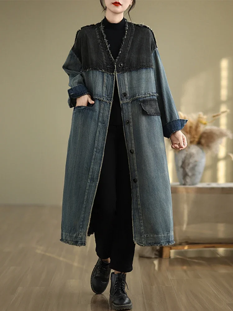 

Fall Korean Vintage Long Coats Womens Fashion Loose Denim Trench Ladies Classic Casual Patchwork Oversized Windbreakers