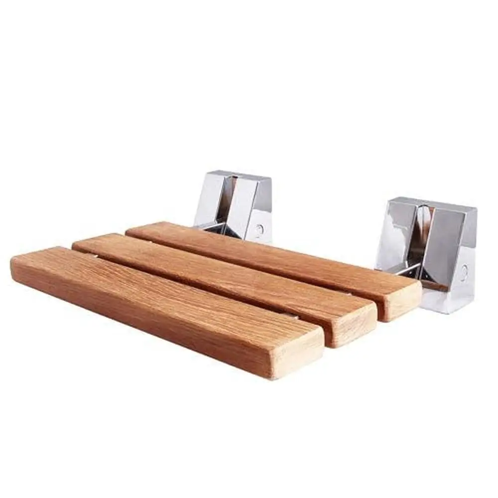 Asiento de ducha montado en la pared de madera de teca, varillas de acero inoxidable 304, diseño de montaje en pared, asiento de teca de 16 ", peso del artículo aseo, montaje de 7 libras