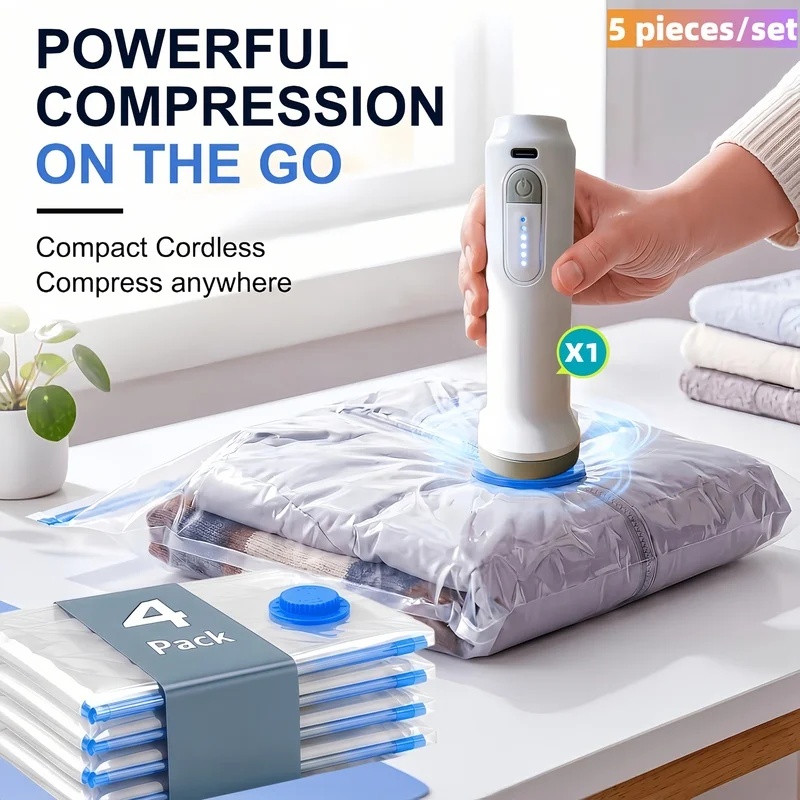 5pcs Set -Vacuum Storage Bags + USB Electric Air Pump with Charging Cable, 1500mAh Long-Lasting Battery, Portable and Extremely