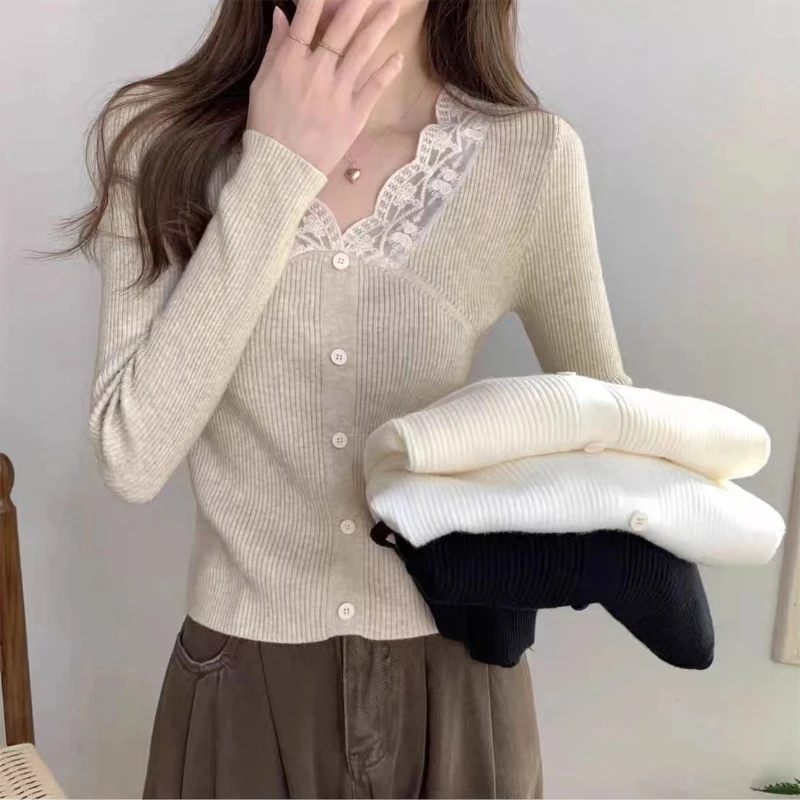 

Women Clothing Sweet Lace Patchwork Youth Pullovers Top Autumn Winter New Long Sleeve Solid Slim Korean Sweaters Fashion Elegant