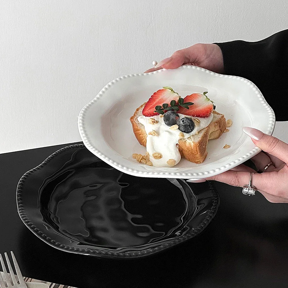 Ceramic Serving Plates Beaded Scalloped Rim Glossy Porcelain Plate Food Safe Home Kitchen Breakfast Dessert Dish Tableware