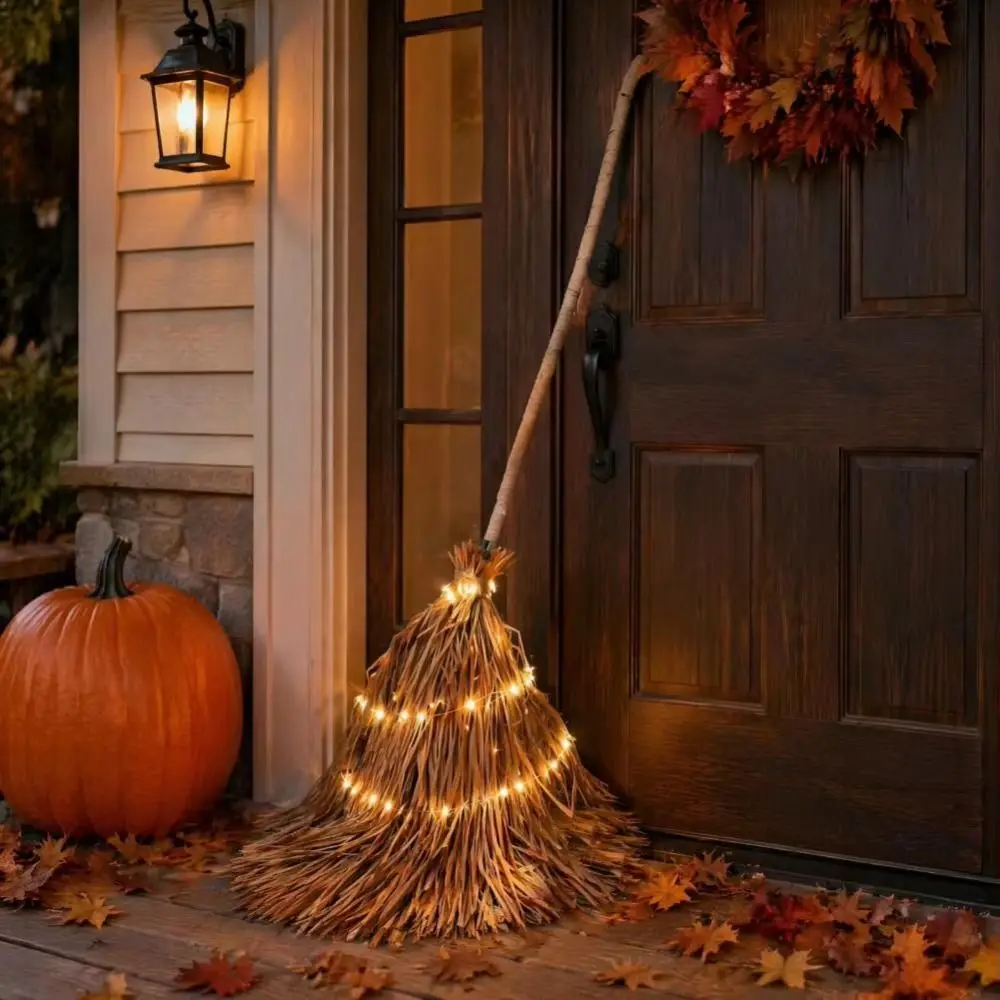 with Glowing Halloween Lighted Witch Broom Electric Rotating Moving Broomstick Floating Broomstick LED String