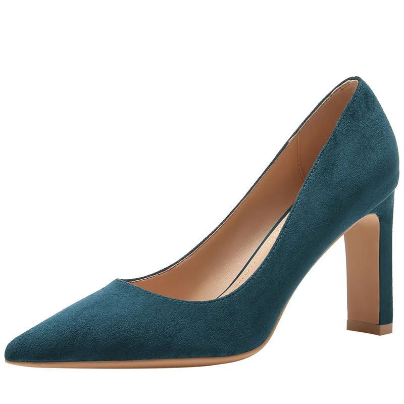 

New Blue Black Flock Leather Shoes 7CM/9CM Thick High Heels Elegant Lady Slip On Women Pumps Pointed Toe Dancer Shoes B002