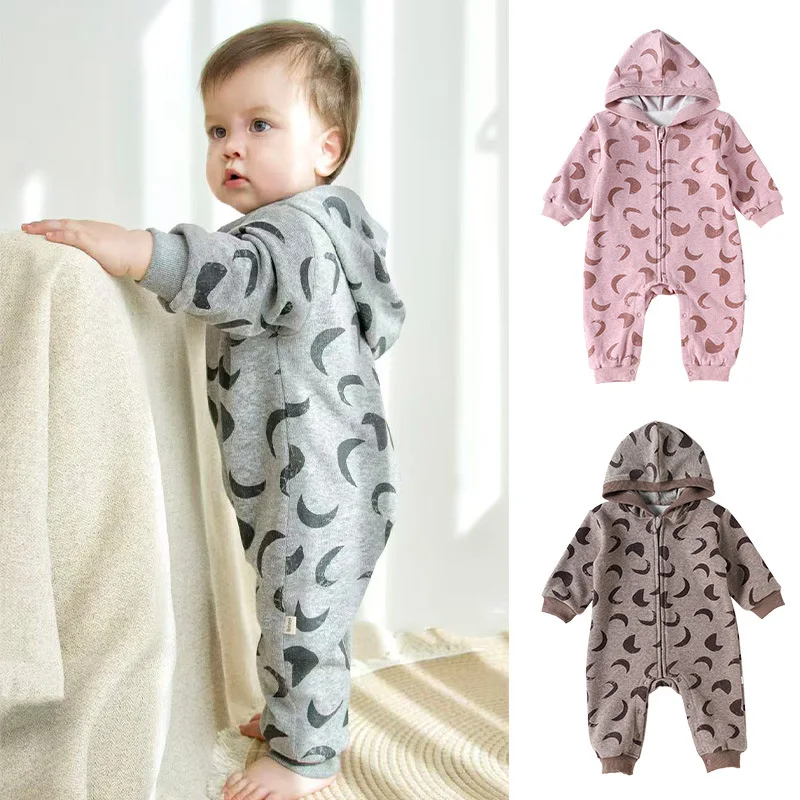 

Осенне-зимние детские комбинезоны для маленьких девочек, комбинезоны с капюшоном и лунным принтом для маленьких девочек, повседневные комбинезоны для маленьких девочек 0-3 лет, боди на молнии
