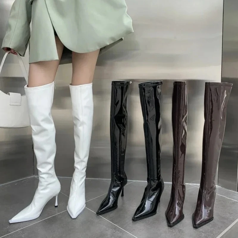 الشتاء مثير براءات الاختراع والجلود أحذية طويلة النساء جودة عالية أشار تو خنجر حذاء برقبة للركبة موضة عودة زيبر أحذية مصممين