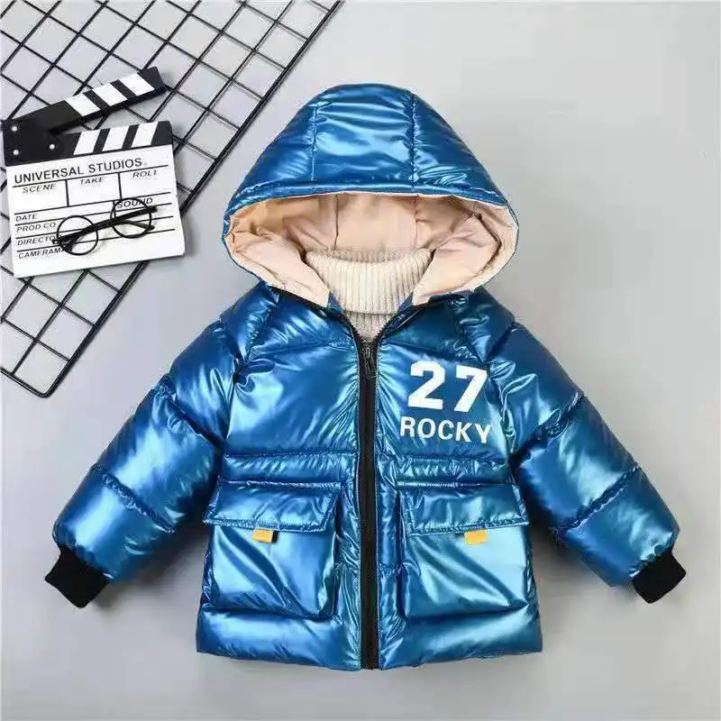 Boy Warm Parka DownCoat Fashion Teenage 2024 Winter Jacket Casual Thicken Shiny Leather down Cotton Coats Kid Hooded Outerwear