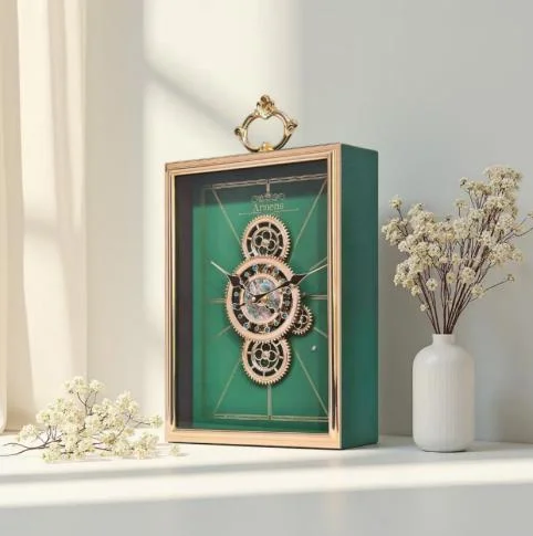Luxury Digital Quartz Metal Gear Silent Desk Clock with Transparent Dial Retro Design and Backlight for Living Room