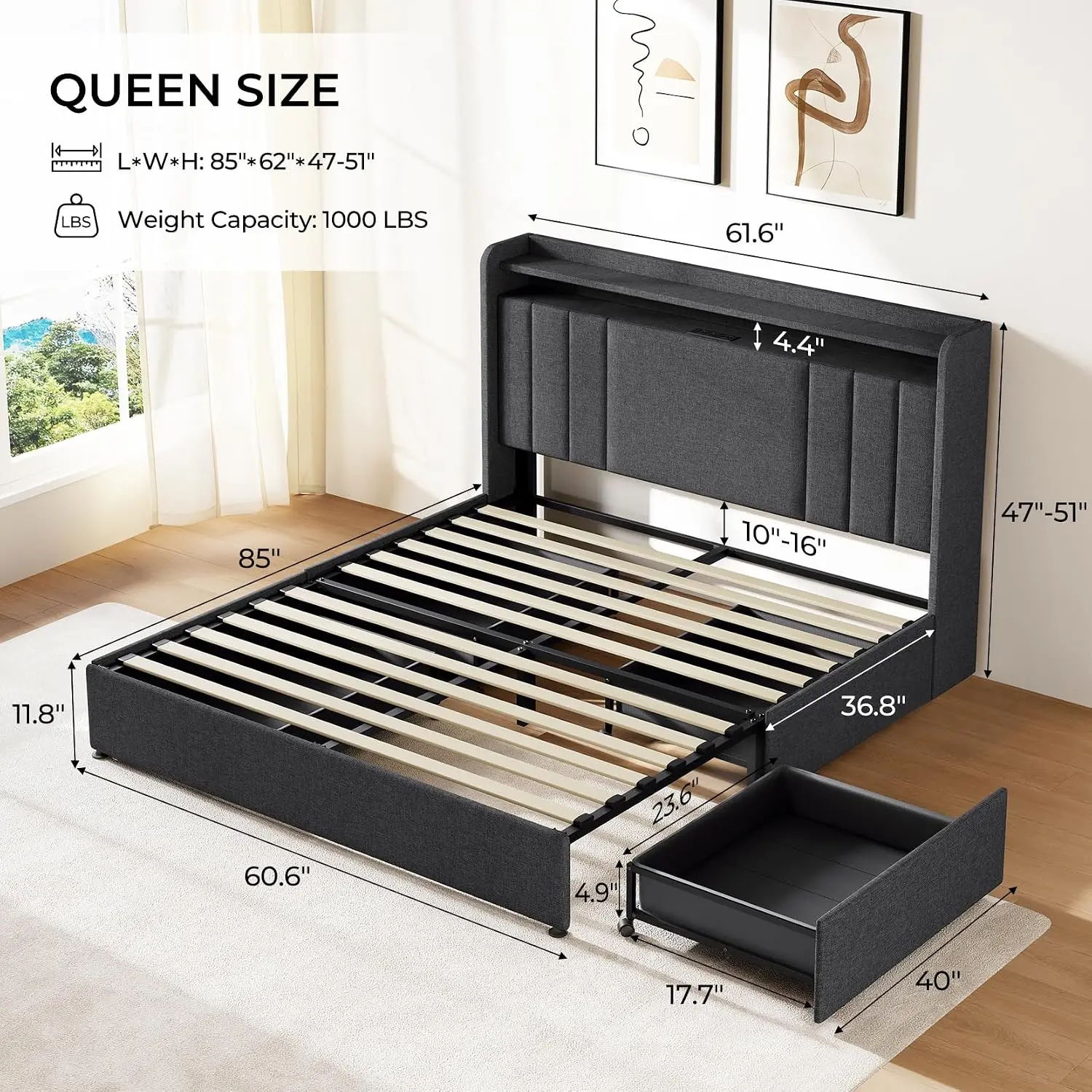 Queen Upholstered Bed Frame with 4 Drawers & 51