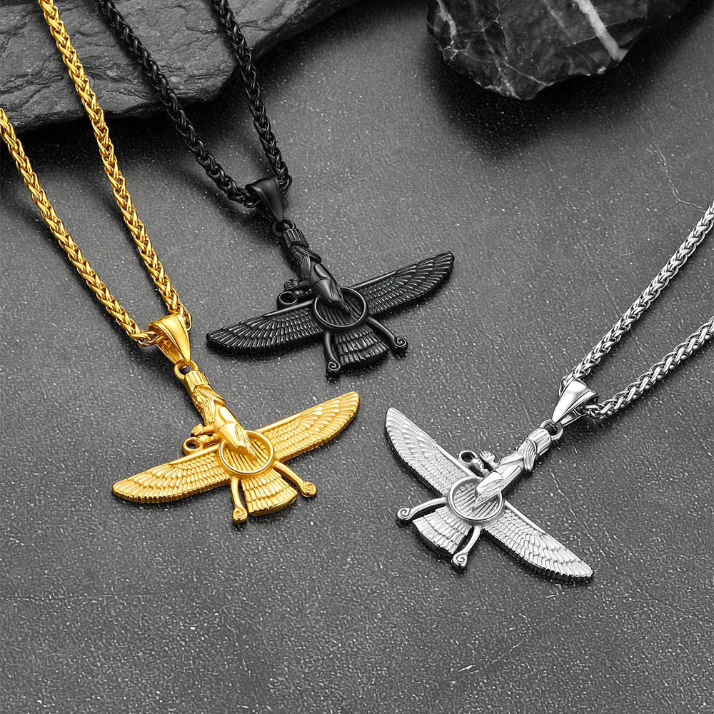 U7 316L Stainless Steel Iranian Size S/L Faravahar Necklace Fravashi Spiritual Power Ancient Persia Symbol Unisex Jewelry Gift