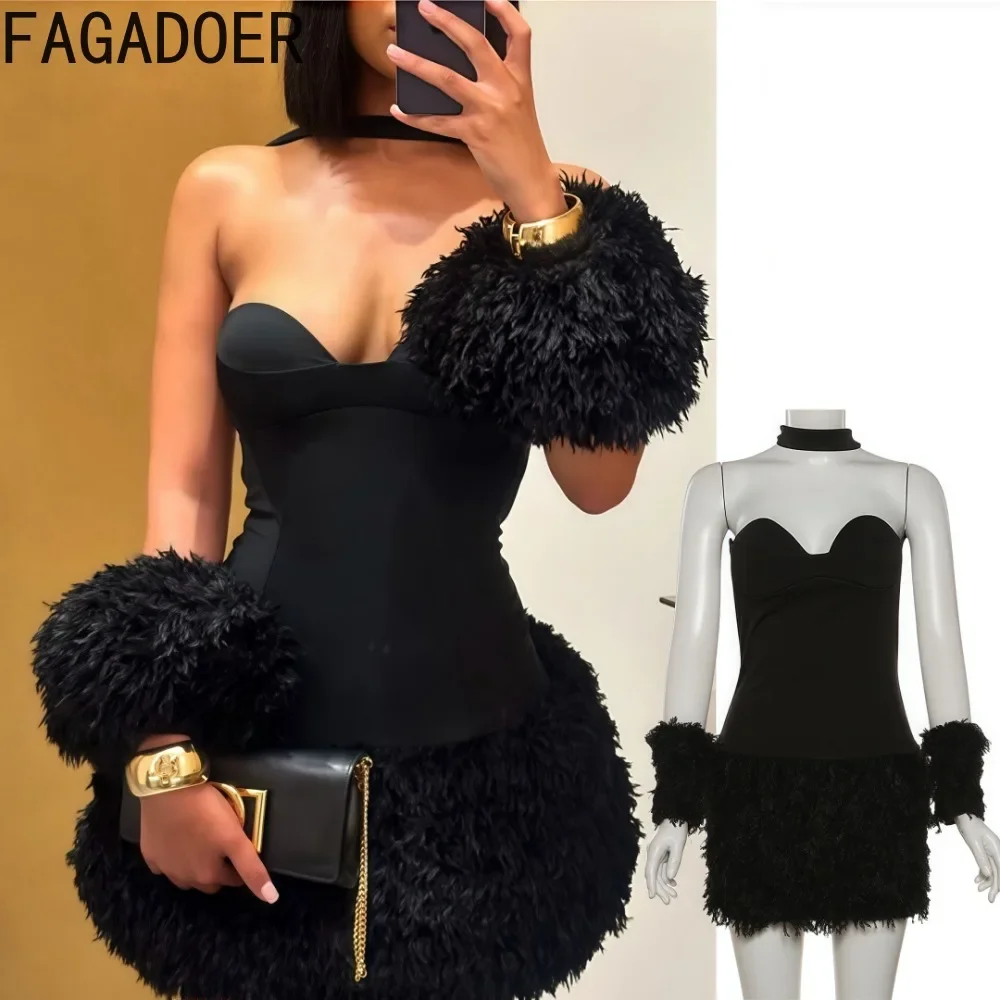 

FAGADOER Sexy Fur Patchwork Mini Dress Women Black Halter Backless Bodycon Dresses Female Party Birthday Streetwear Vestidos