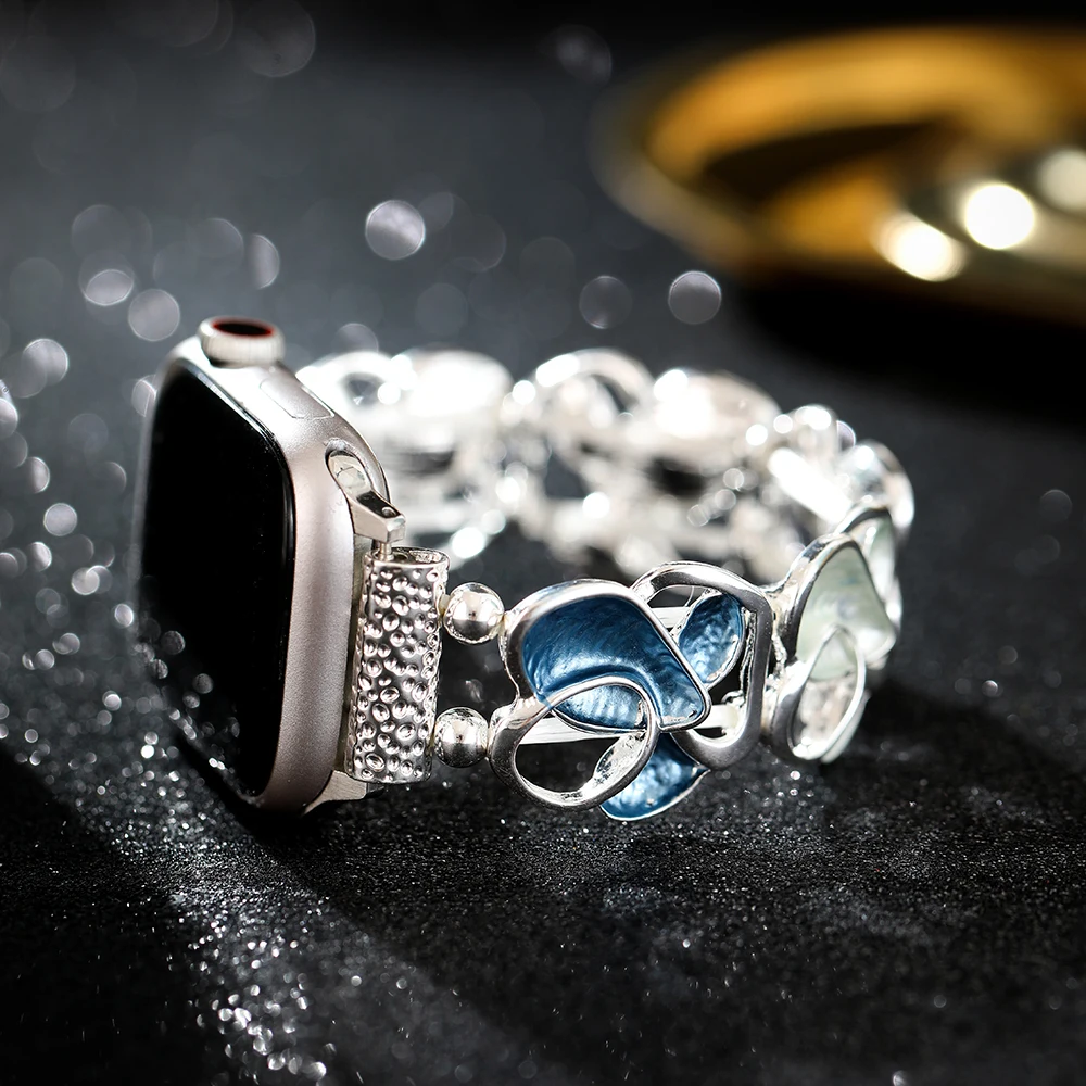 Модный металлический ремешок с цветком для Apple Watch Ultra 2 49 мм 40 44 45 38 42 мм Женский эластичный браслет на запястье для iWatch 9 8 7 SE 6 5 4