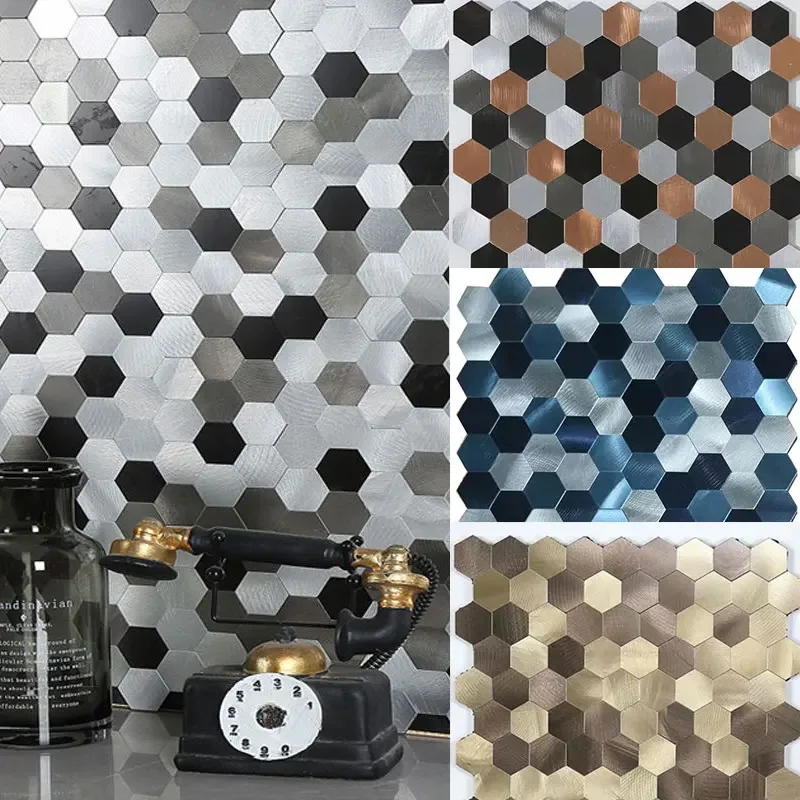 Azulejo de pared de mosaico, autoadhesivo, impermeable, de aluminio, hexagonal, para cocina, baño, contra salpicaduras, ignífugo, pared de cocina