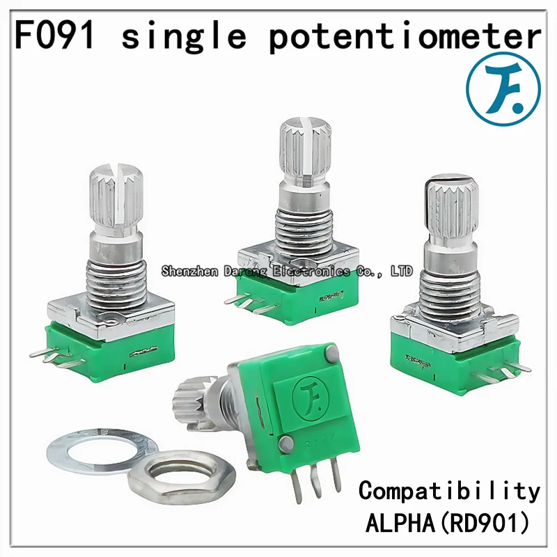 

Taiwan Puyao Alpha Precision F091-B10K handle 15MM Plum blossom axis Horizontal volume single potentiometer with three pins