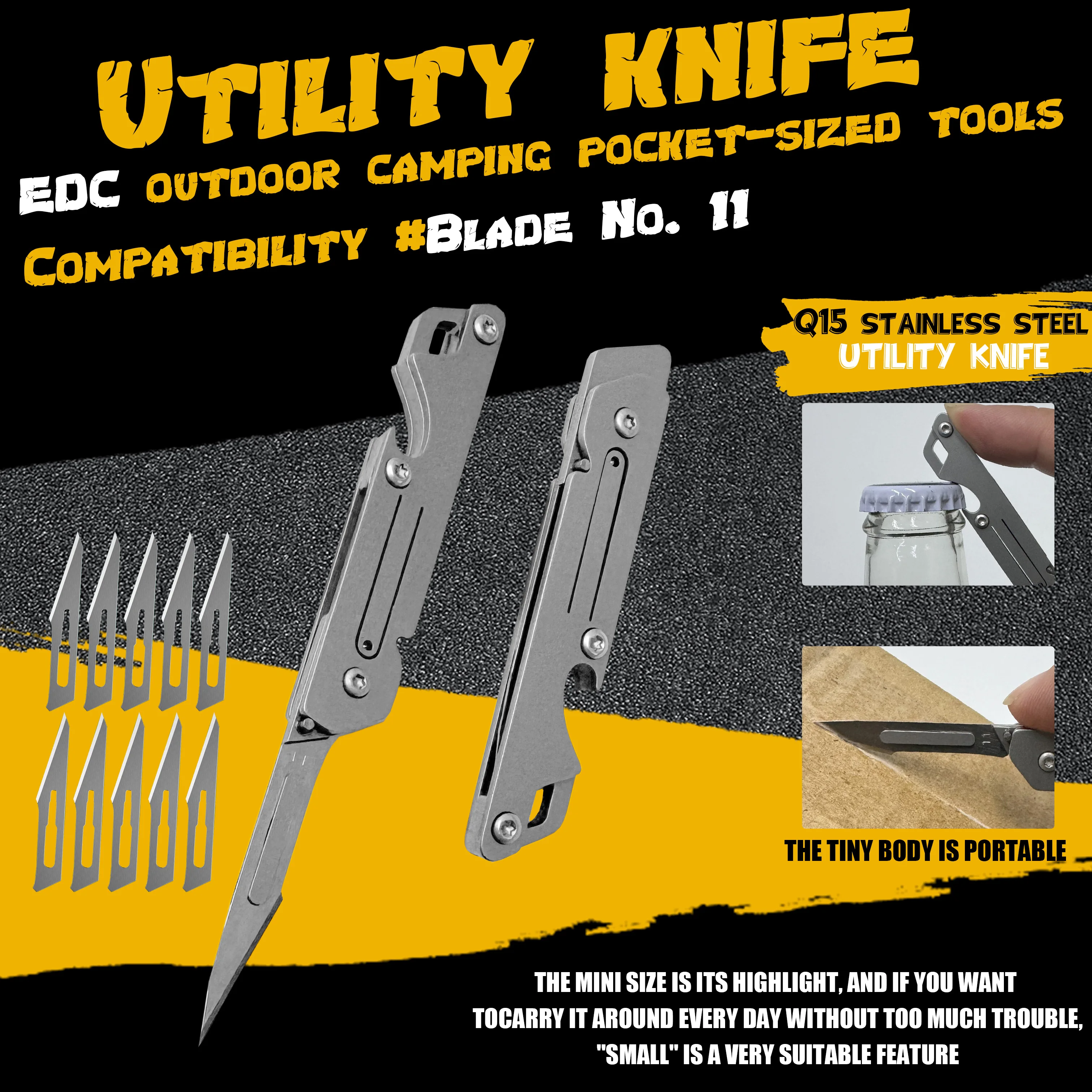 

Quick-open stainless steel mini art folding knife Bottle opener with replaceable blade portable EDC tool