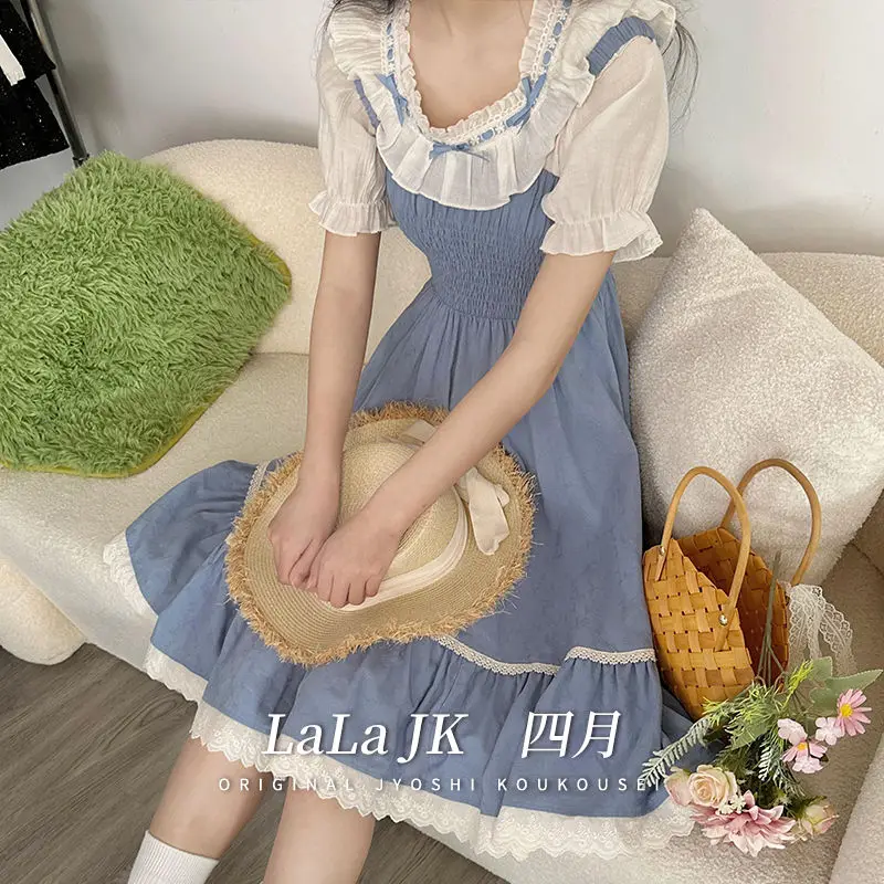 

Japan Suspender Dress Top Sweet Design Lace Stitching Printing Blue Strap Dress Chiffon Innerwear Top Suit Women'S Clothes