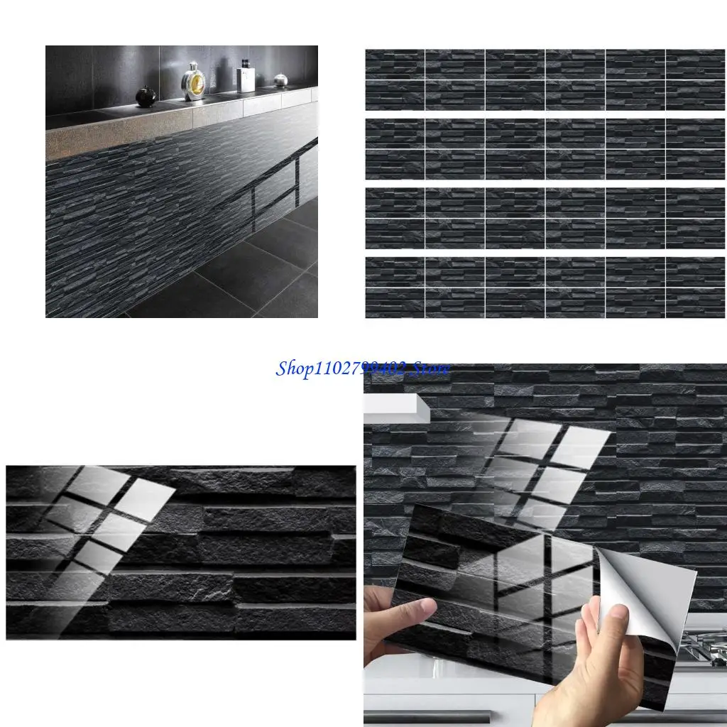 547F 48 Sheet Adhesive Tile Stickers Peel and Backsplash Black Wall Decals