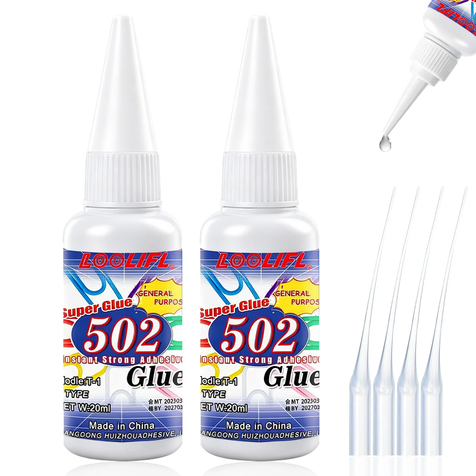 LOOLIFL 502 Super Glue 20ml, Instant Cyanoacrylate Adhesive, Quick Dry Superglue for Plastic Metal Wood, 4Pcs Precision Nozzle
