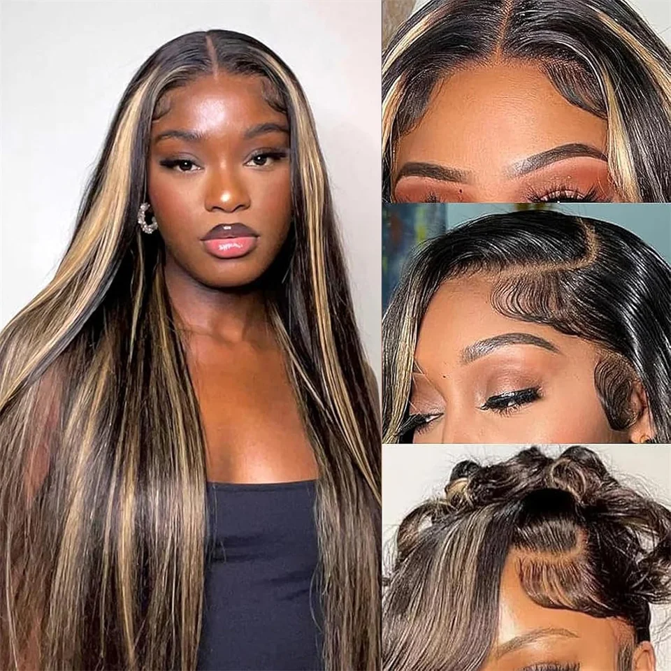 34inch 5x5 Pre Cut Lace Straight Highlight Wig Human Hair Preplucked P1B/27 Blonde Straight Wear And Go Glueless Wigs Human Hair