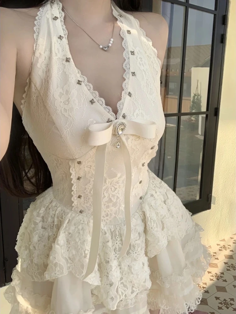 

2025 Spring New Sweet Lace Slip Dress Set Women Solid Cardigan + Sleeveless Boe Dress Suit Korea Chic Princess Two Piece Sets
