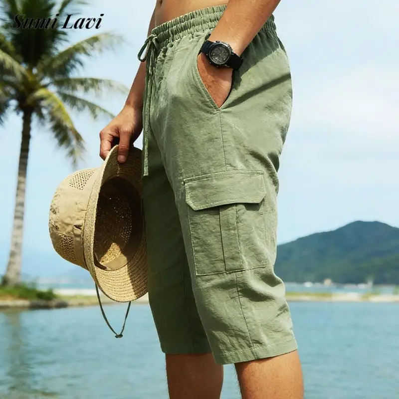 

Vintage Multi Pocket Linen Cargo Shorts Mens Summer Fashion Solid Color Loose Knee-length Shorts Casual Men Straight Shorts
