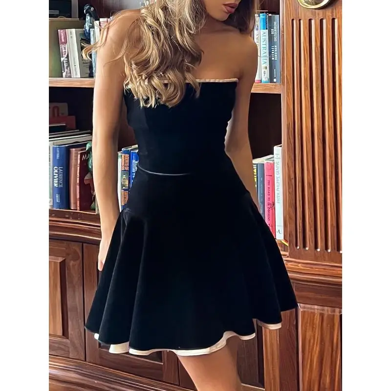 

Elegant Womens Party Dresses Fashion Streetwear Velvet Strapless Sexy Backless Slash Neck Black Luxury Dresses Women 2025