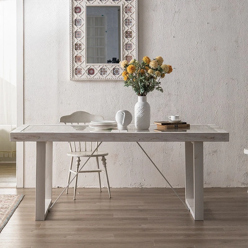 Mesa de comedor con patrón pintado, mesa de ordenador de oficina de vidrio templado, mesa tallada en vivo