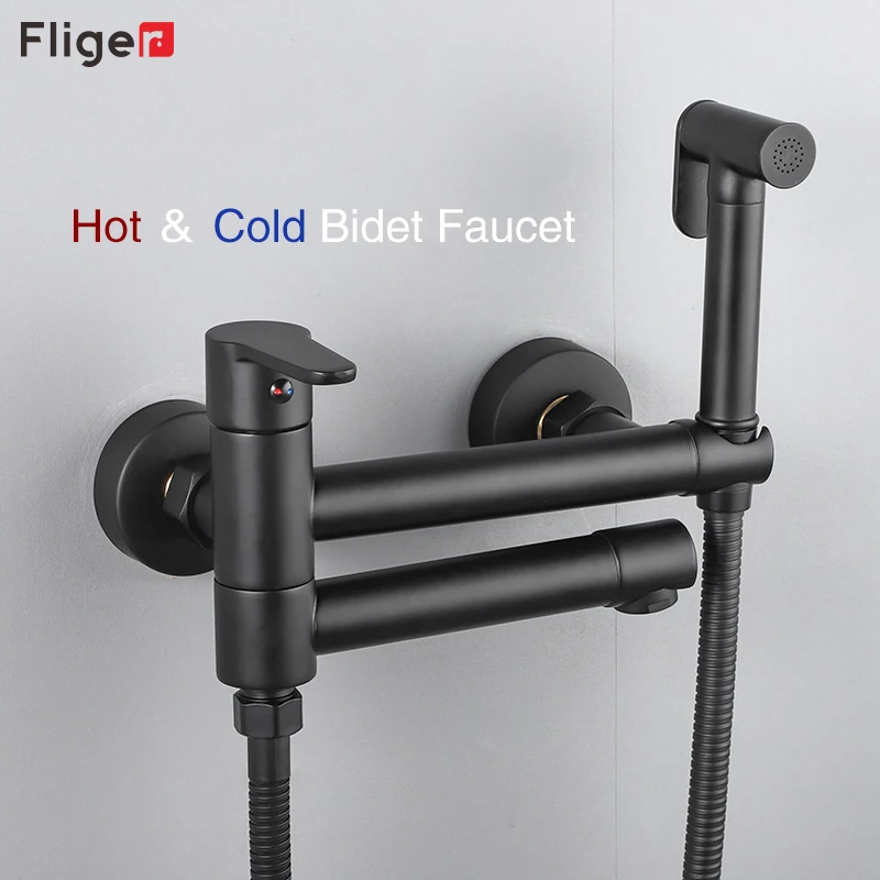 Fliger Black Bidet Faucet Brass Toilet Faucets Hot Cold Water Mixer Handheld Bidet Sprayer Bathroom Shower Head Tap