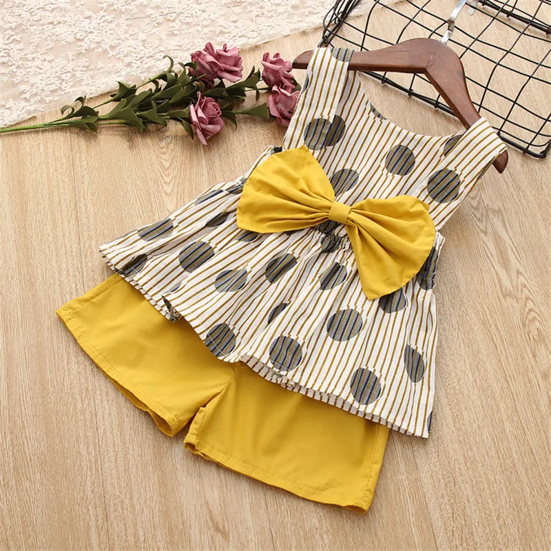 Humor Bear  Summer New Grils Clothes Korean Dot Girl Big Bow T-shirt+ Shorts Children Clothing Set Kids Girls Clothes Suit