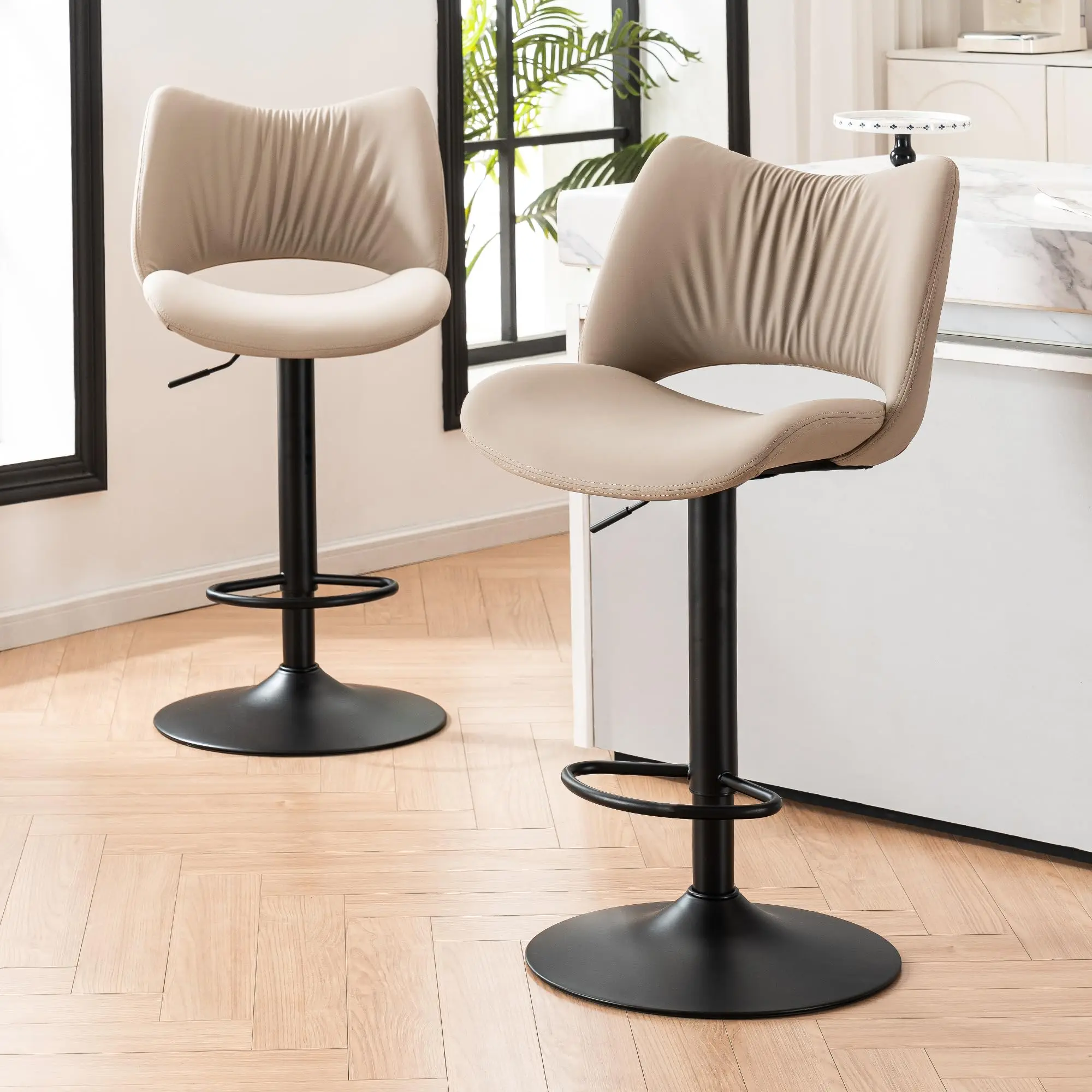 Dining Furniture Khaki PU Leather Bar Chair Factory Directly Sales Modern Height Adjustable Swivel Low Backrest Bar High Stool