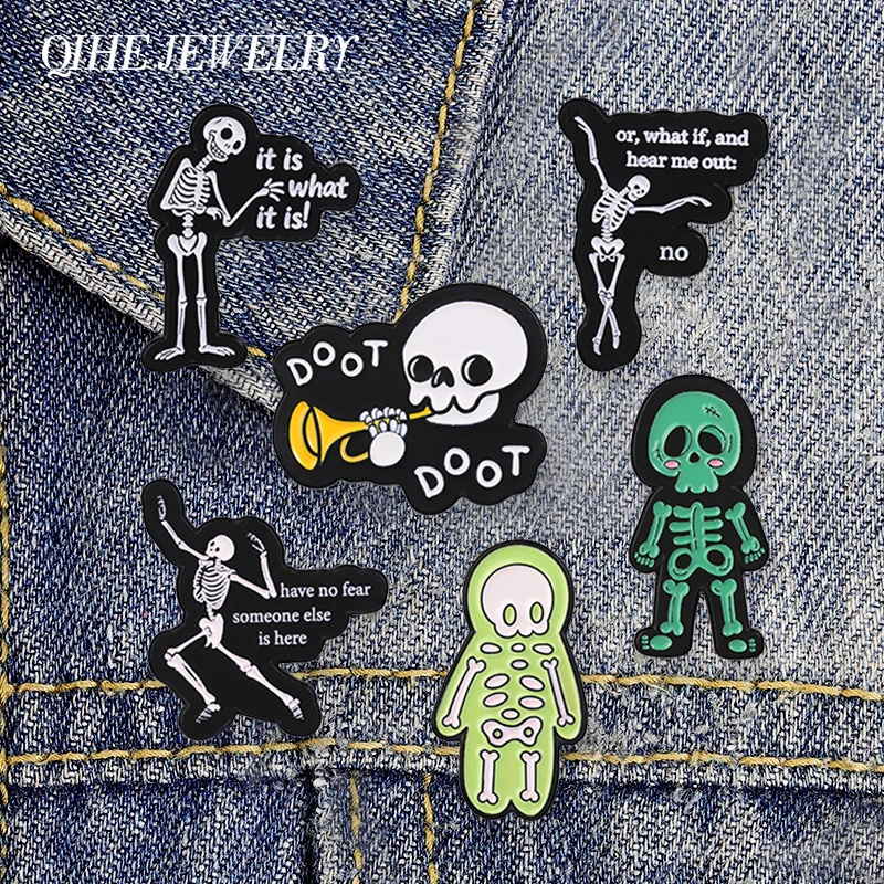 Halloween Punk Skeleton Enamel Pins Gothic Humor X-ray Skeleton Doot Doot Trumpet Dancing Skeleton Brooch Bag Badge Jewelry Gift