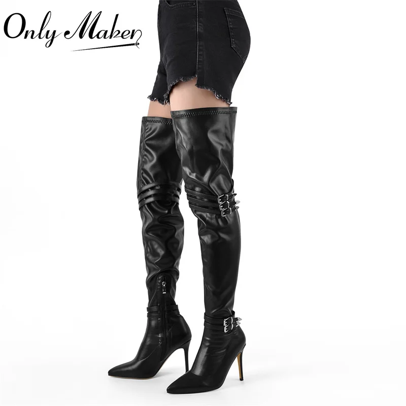 

Onlymaker Women Over the Knee Stretch Boots Pointed Toe Black Matte Big Size Thin High Heel Woman Stiletto Thigh Boots