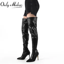 Onlymaker Women Over the Knee Stretch Boots Pointed Toe Black Matte  Big Size Thin High Heel Woman Stiletto Thigh Boots