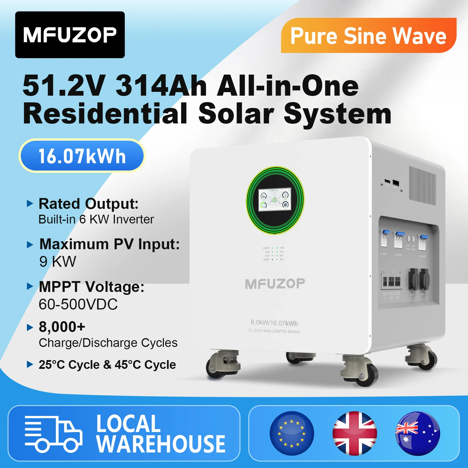MFUZOP 16.07 kWh All-in-One LiFePO4 Battery 51.2V 6 kW Integrated Inverter