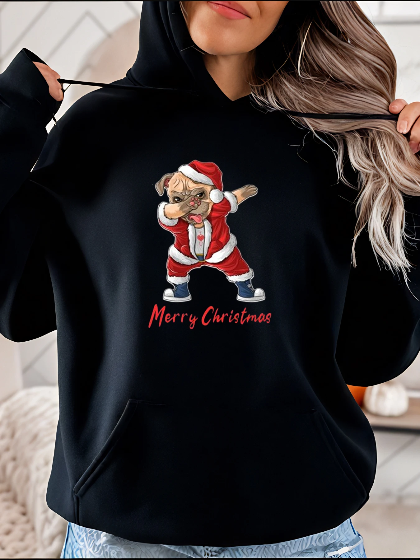 Weihnachts-Kapuzenpullover, Weihnachtsmann, Hund, Dabbing-Druck, lässiges Damen-Sweatshirt 280