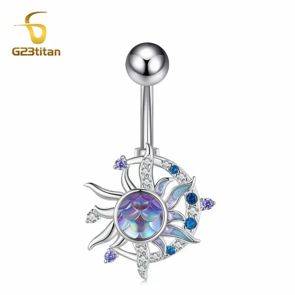 G23titan Moon Sun Zircon Belly Button Ring 6-16mm Titanium Piercing Navel Ring Women Body Sexy Jewelry Summer Beach Accessory