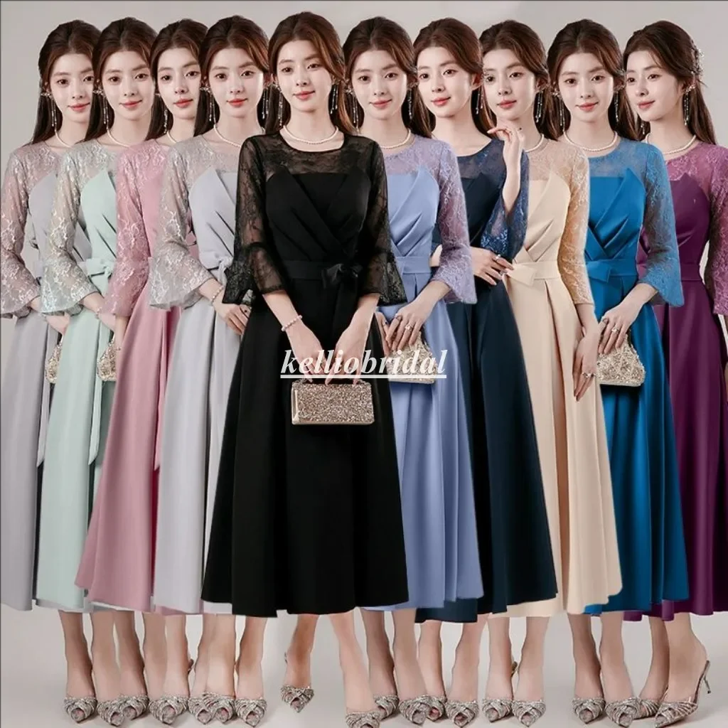 

Customized Tea Length Mother Of The Bride Dress With Sleeves Pleated Bodice Modest Mother Party Gown For Wedding YSM191
