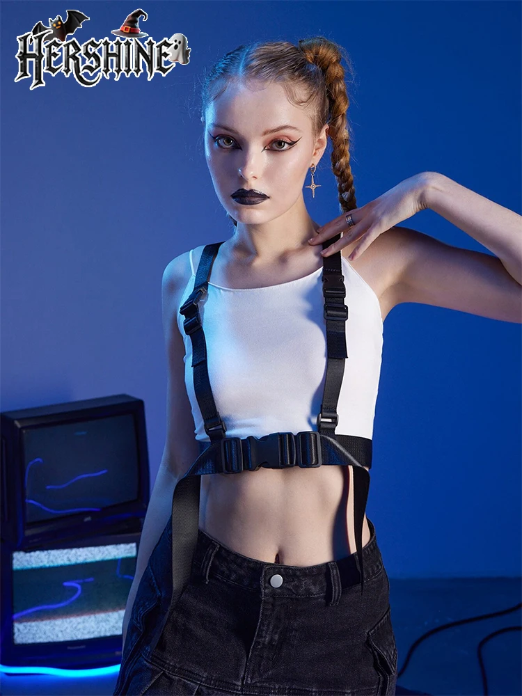 HERSHINE 1 pezzo da donna con fibbia in plastica nera, estensione bifacciale, tracolla in tela stile scuro, accessorio Y2K per Halloween