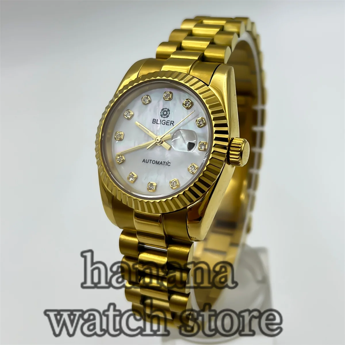 

31mm Gold women's mechanical Watch recessed bezel NH05 Automatic movement Sapphire glass waterproof 100m stainless steel strap