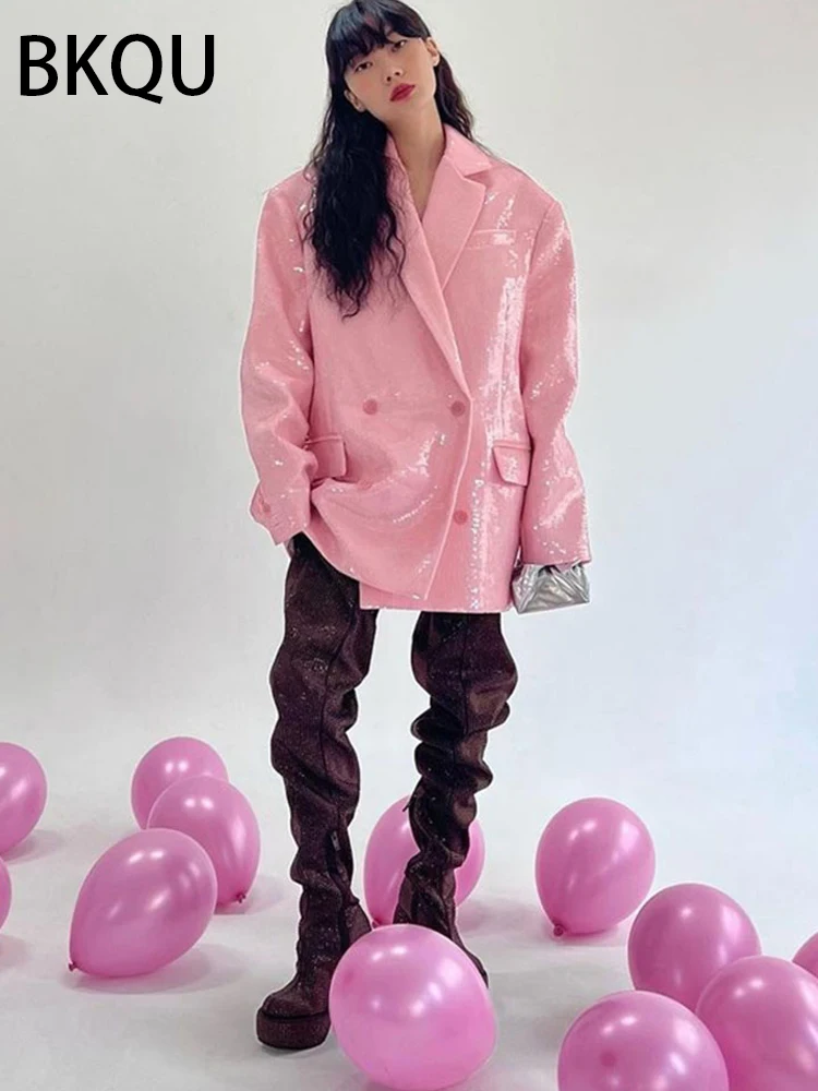 BKQU 2024 New Double Breasted Blazer Coats Women Fashion Party Club Clothes Long Sleeves Sequin Shinny Jackets Luxury Oversized