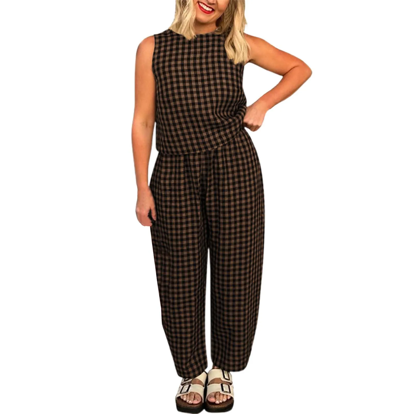 Women Plaid 2 Piece Set Sleeveless Casual Tank Top And Baggy Trousers Set Female Loose Loungewear Suit Summer Streetwear