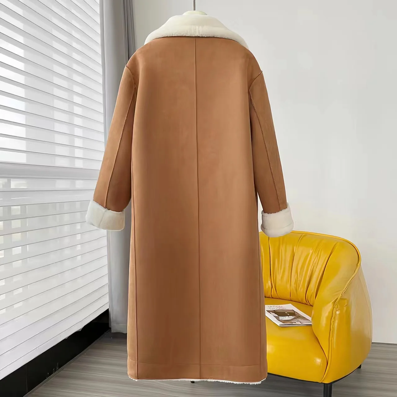 Double Breasted Suede Coats for Women, Faux Lamb Fur Jacket, Long Female Clothes,Loose, Warm Winter, High Quality, New