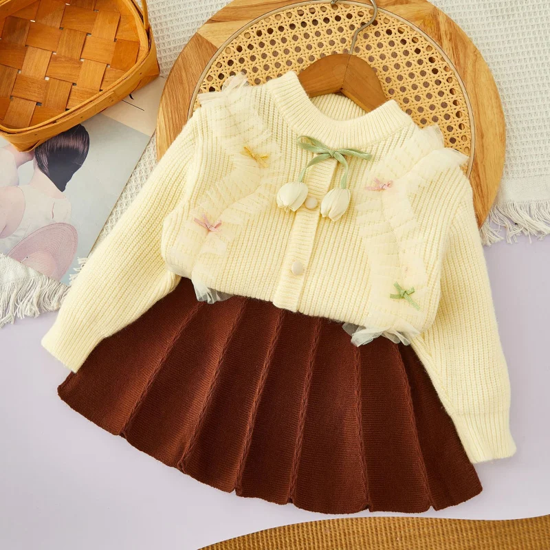 

Children's New Stylish Lace Bow Set Autumn Winter Girls' Lace Refreshing Two-Piece Set for Toddlers and Young Girls