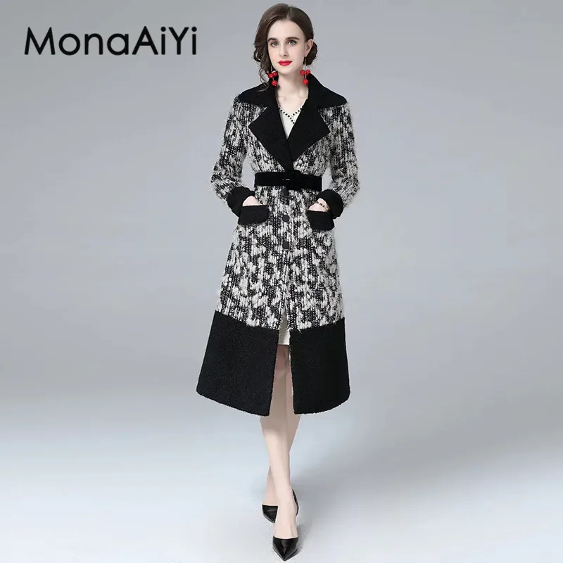 

MonaAiYi New Fashion Designer Autumn Turn-Down Collar Long Sleeved Lace-Up Pocket Streetwear Grey Open Stitch Coat