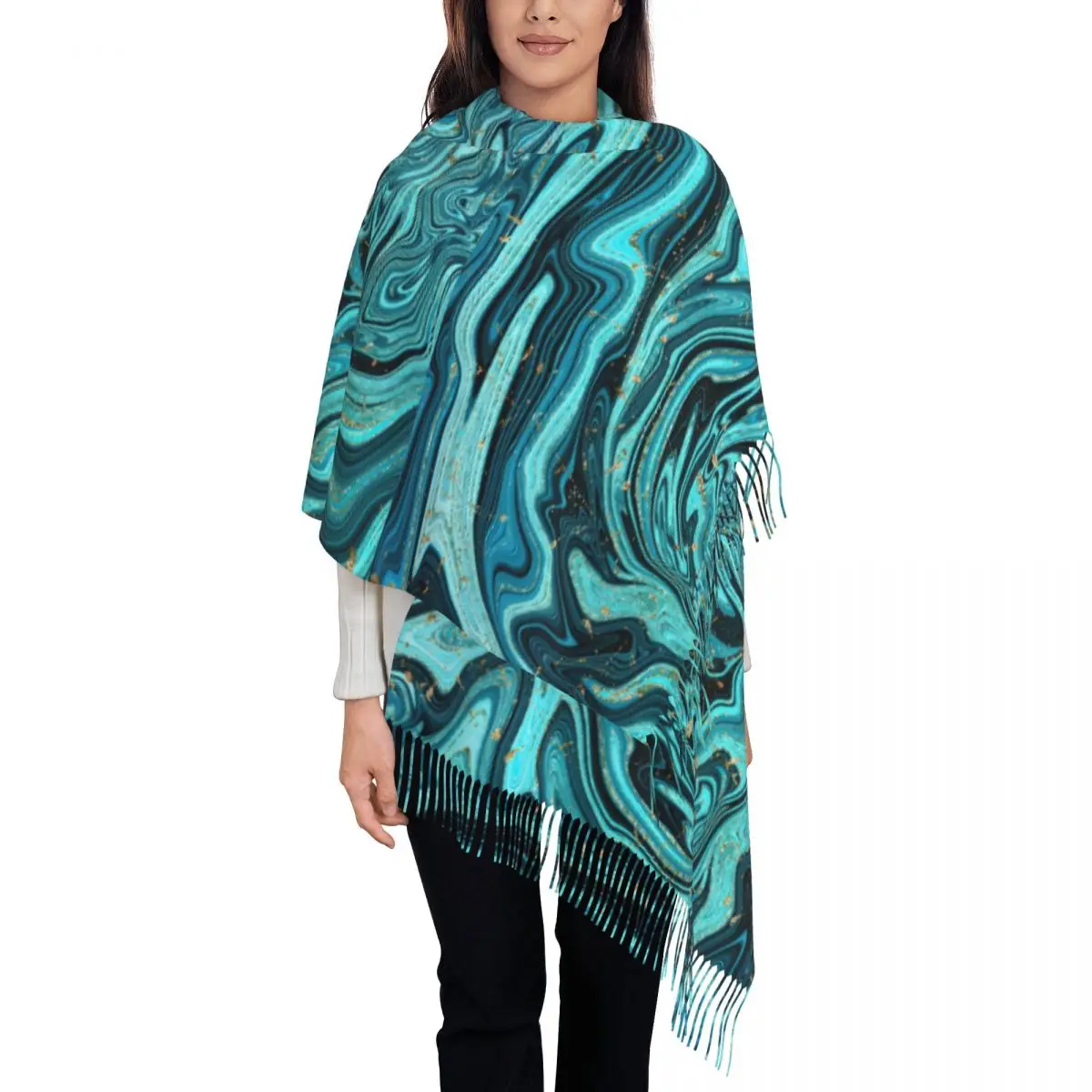 Blue Gold Swirls Scarf Tassel Modern Abstract Warm Soft Shawls and Wraps Unisex Scarves Wraps Winter Luxury Brand Bufanda Mujer