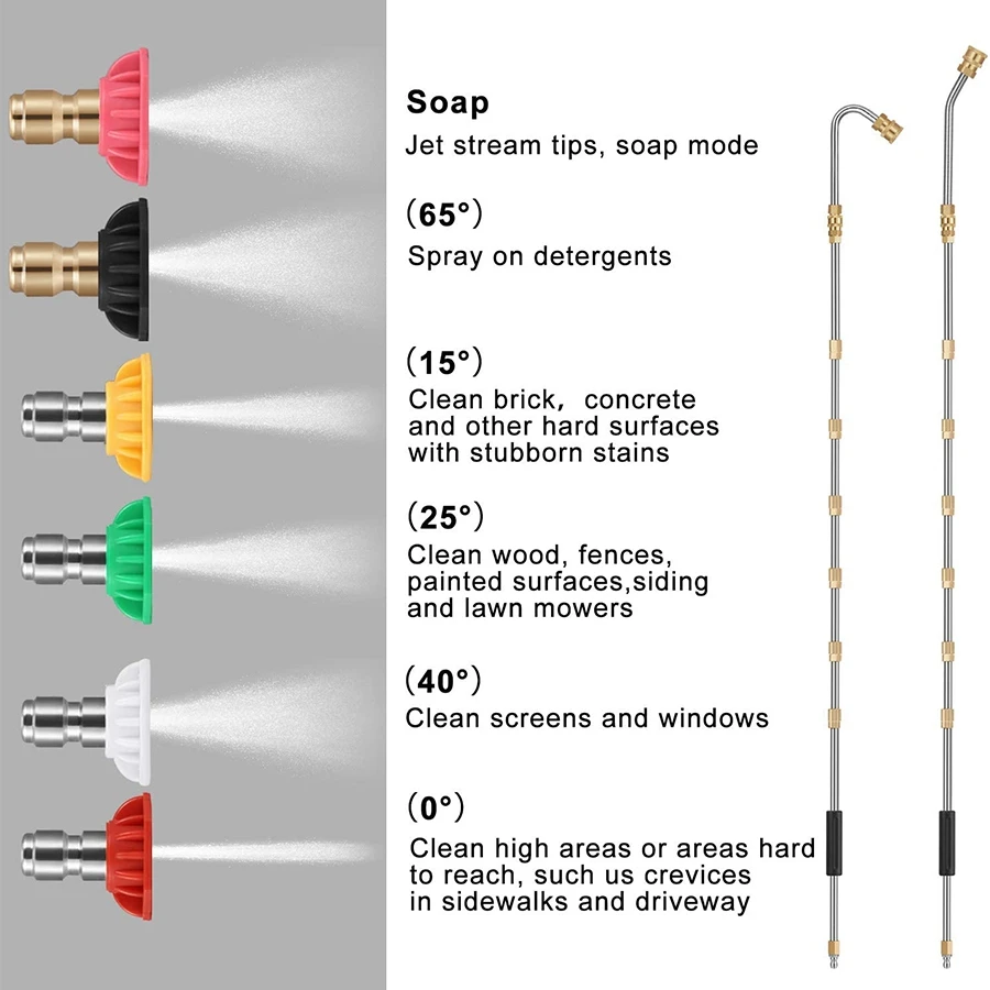 7 Pieces Pressure Extension 10Ft Replacement , Curved Rod 30 or 120 Degree, 6 Pieces Nozzle Tips