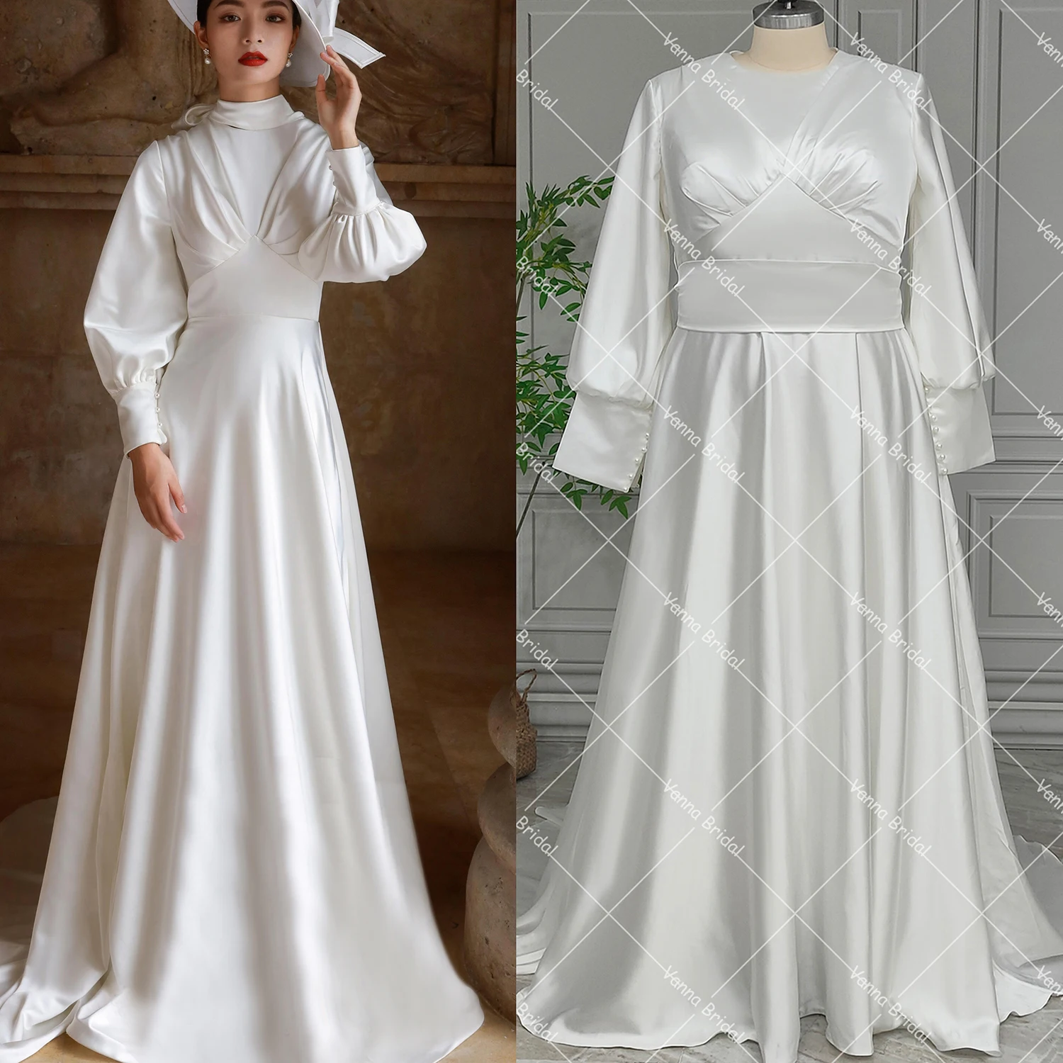 High Neck Victorian Long Puffy Sleeves Wedding Dress Customized Plus Size A Line Closed Back Italian Satin Ruched Bridal Gowns