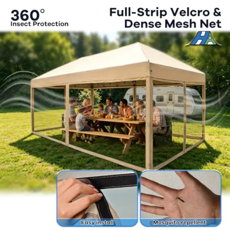 10x20 Pop Up Canopy Tent with Mosquito Netting, Beige Steel Frame, Portable, Waterproof, UV Protection. Ideal for Camping, Part view 3