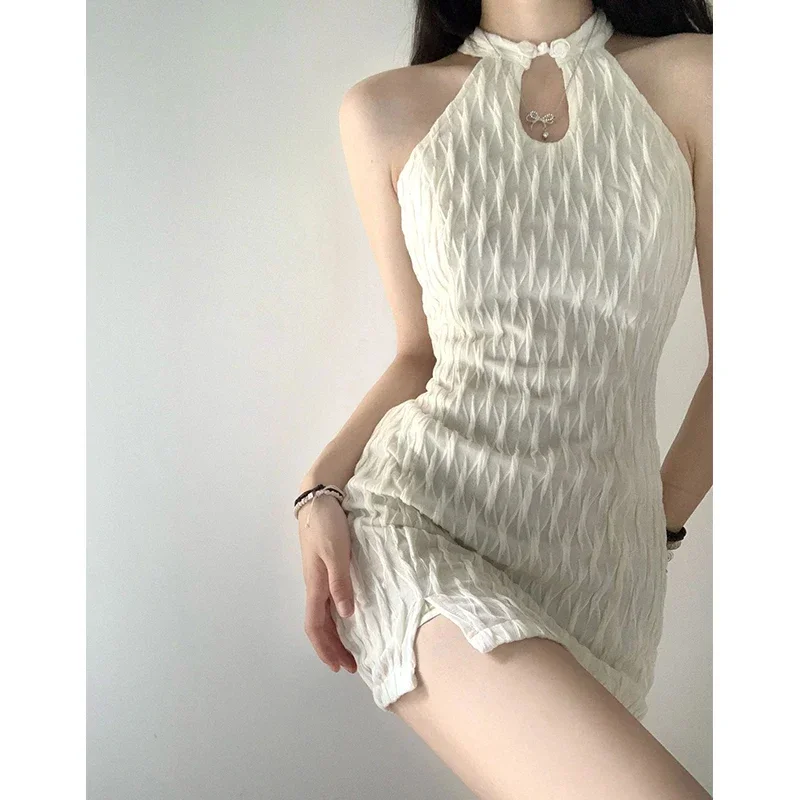 2024 Summer Sexy White Halterneck Side Slit Mini Cheongsam Dress for Women Korean Style Buckle Aline Dress Modern Party Qipao